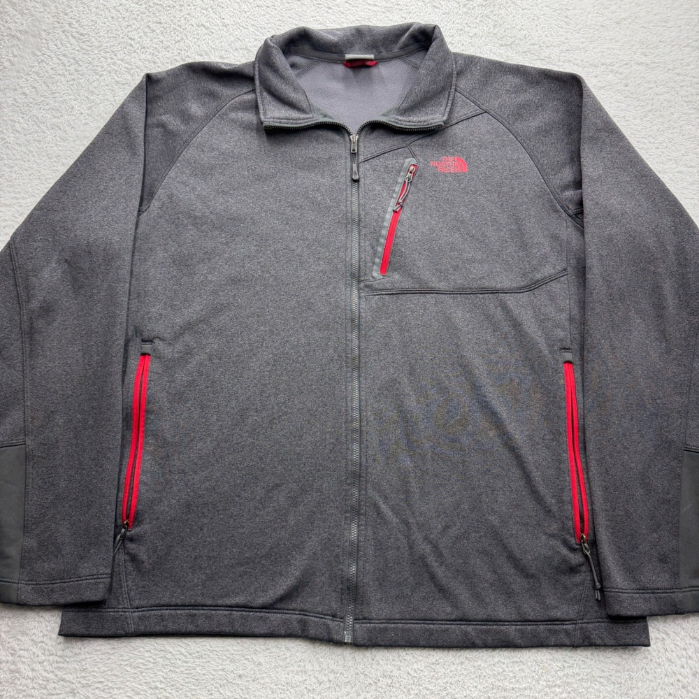 The North Face Mens Gray Full Zip Fleece Jacket Red Trim Outdoor Hiking XL